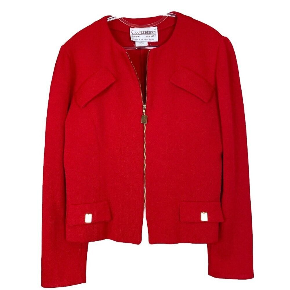 Vtg Castleberry Knit Cardigan Sweater Blazer Jacket Collarless Zip Red Size 12
